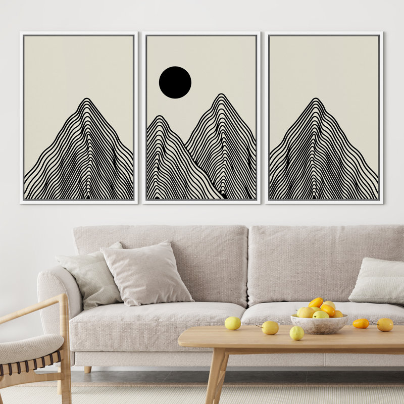 Art mural Mid-Century moderne bohème minimaliste abstrait montagne soleil encadré sur toile, 3 pièces, H 24 po x l 48 po