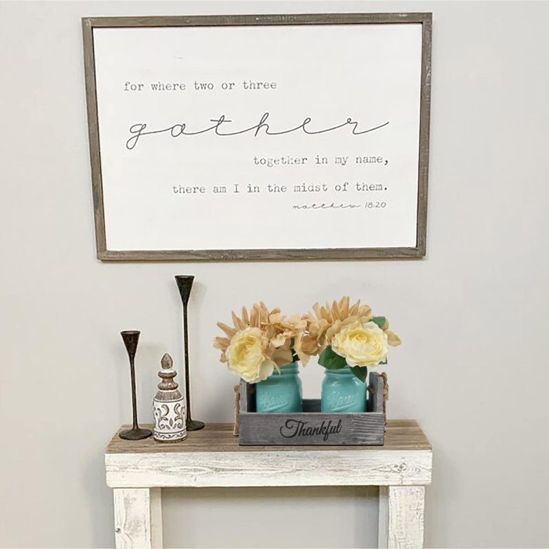Rustic Table Centerpiece Decor-Decorative Thankful Wood Tray With 2 Painted Mason Jars, Rose Bouquet Flowers For Home,Dining Room, Living Room, Kitchen, New Home Housewarming Gift