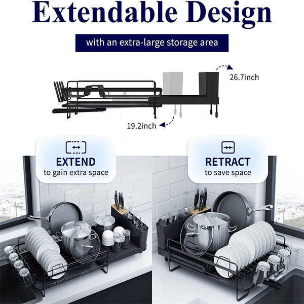 Extendable Dish Rack Dual Part Dish Drainers With Nonscratch And Movable  Cutlery