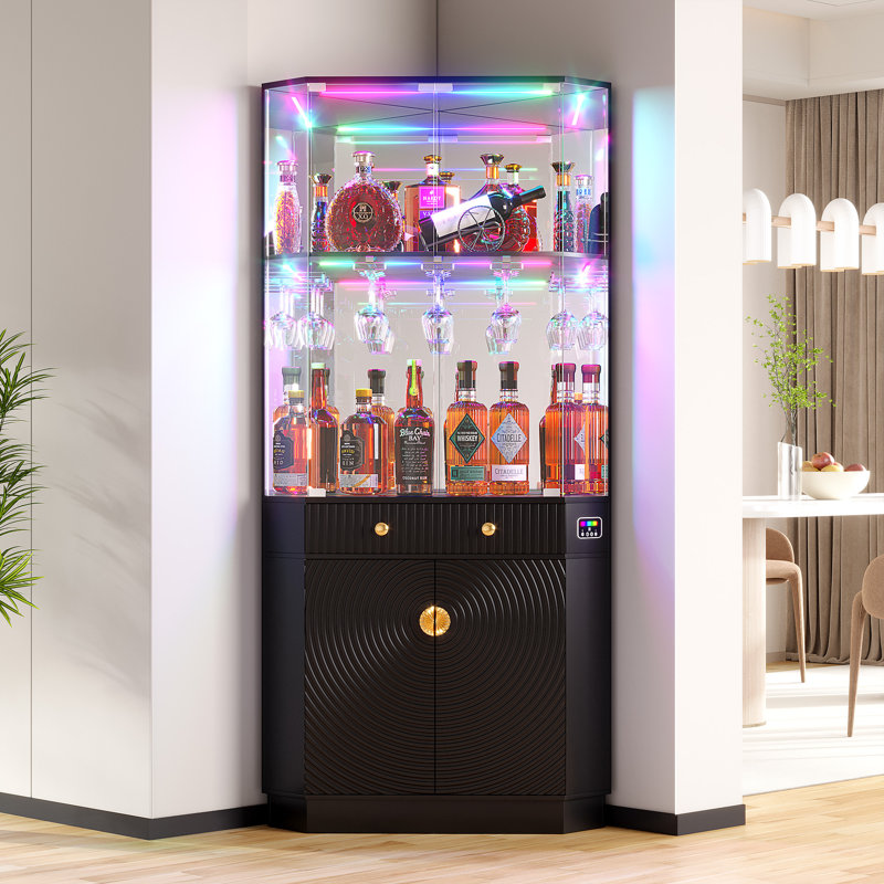 Corner Display Cabinet with Human Body Sensor RGB Lights, Wine Cabinet Liquor Stand with Glass Holder, Black
