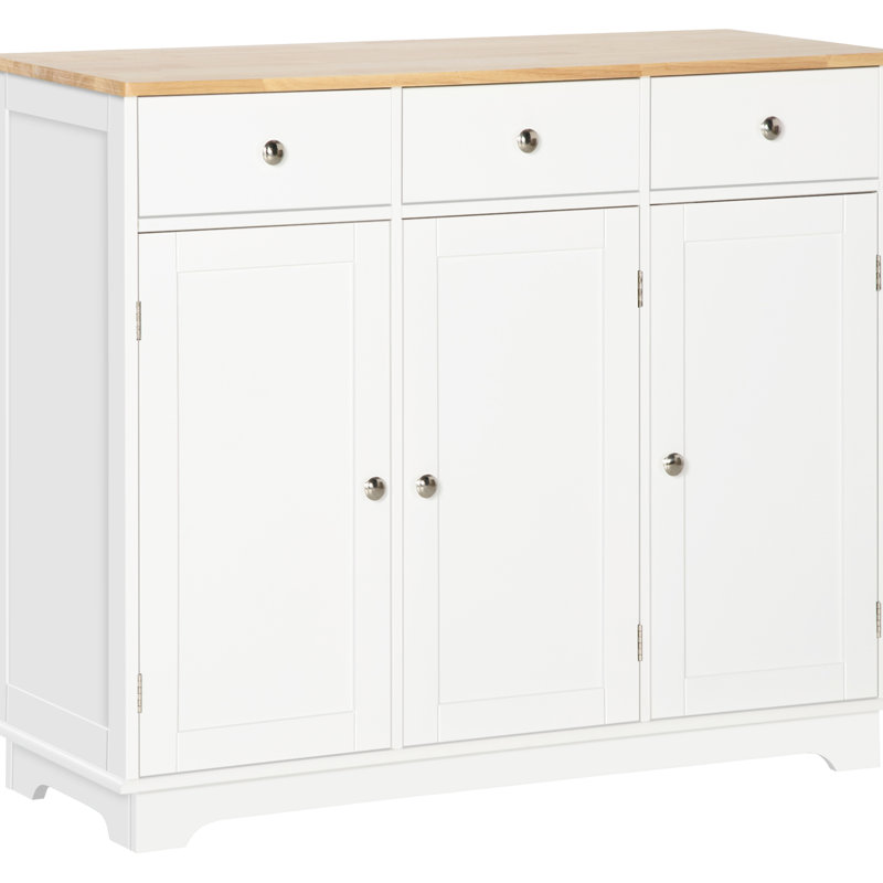 Storage Cabinet Sideboard - Modern White With Solid Wood Countertop, 3 Drawers, Doors, Adjustable Shelf And For Kitchen