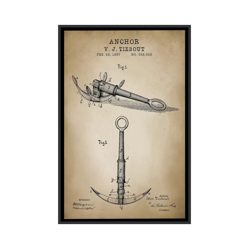 « nautique, ancrage », impression sur toile, H 26 po x l 18 po x P 1,5 po, Toile avec cadre noir, Pas de tapis