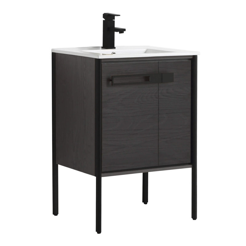 24" Single Bathroom Vanity, Black Coal Oak, Matte Black