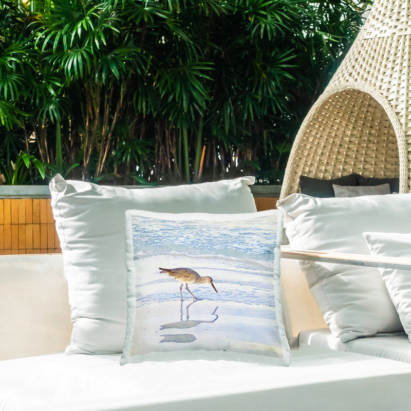 Sandpiper Reflecting on Shore Outdoor Printed Pillow by Christine Zalewski