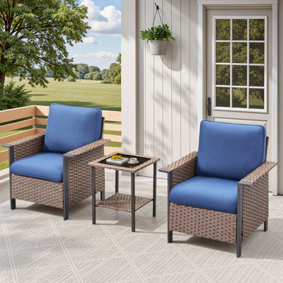 Ensemble de 3 chaises de patio en osier PE, ensemble de conversation en rotin toutes saisons pour terrasse de porche, ensemble de chaise bistro avec coussin et table d'appoint