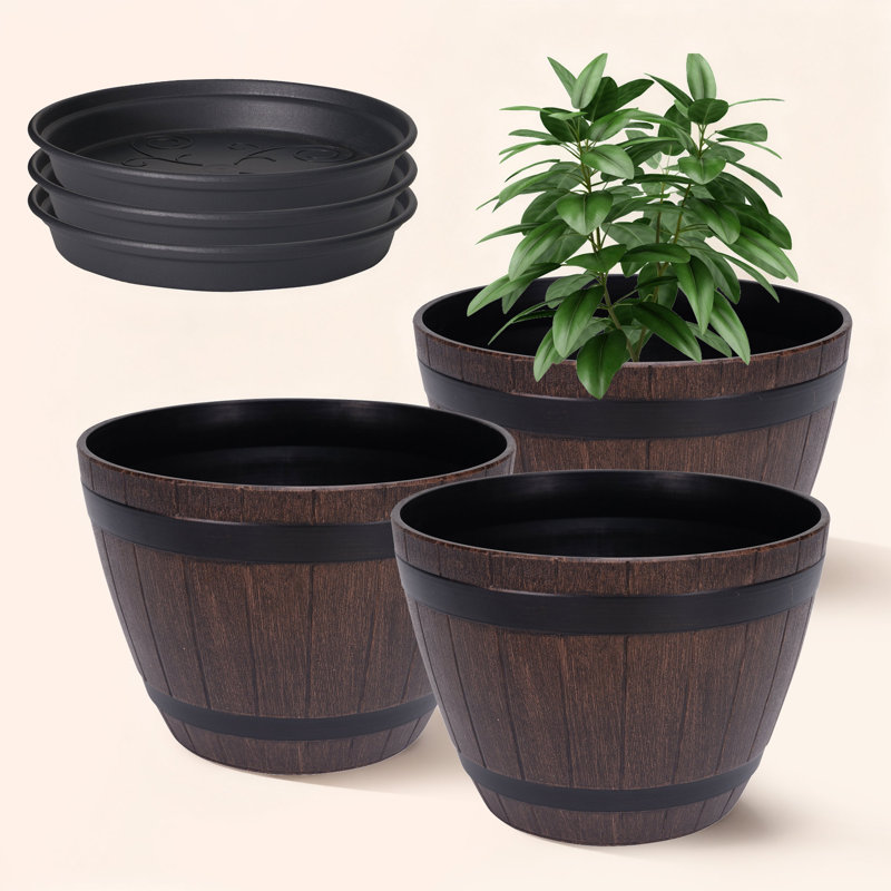 Genard 3 Pack 12 Inch Plant Pots with Drainage Holes & Saucer, Flower Pots with Tray, Set Of 3 Plastic Whiskey Barrel Planters for Indoor & Outdoor Garden Home