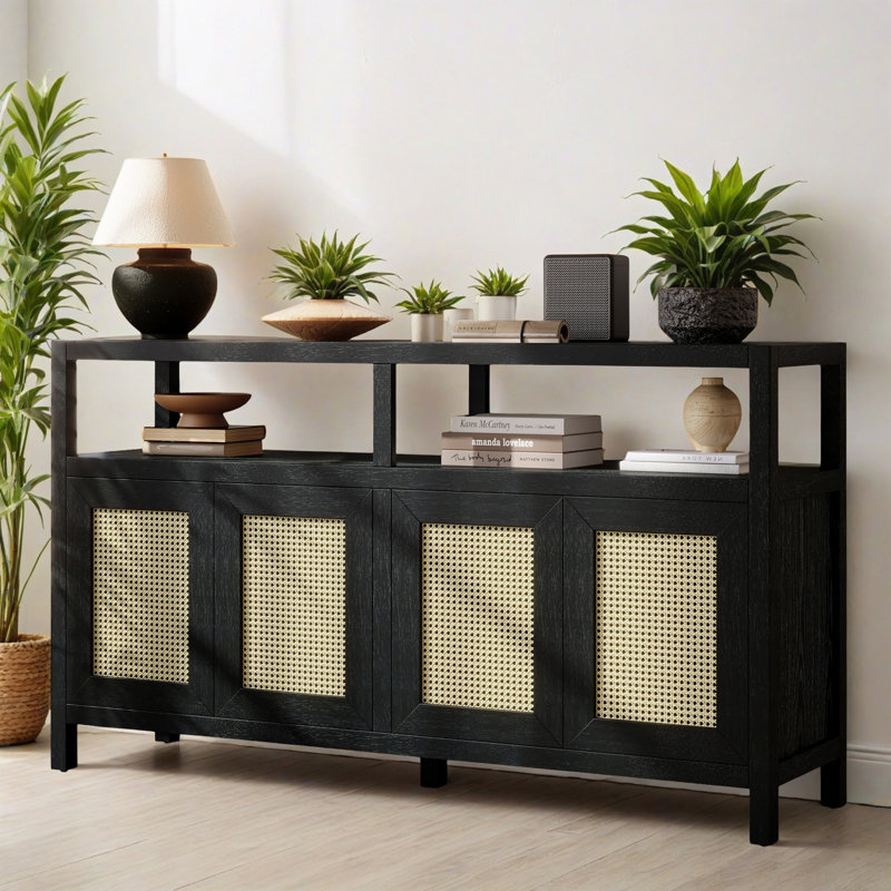 Buffet 60,0 po à 4 portes avec tablettes réglables, buffet en bois pour le salon et le vestibule, Noir