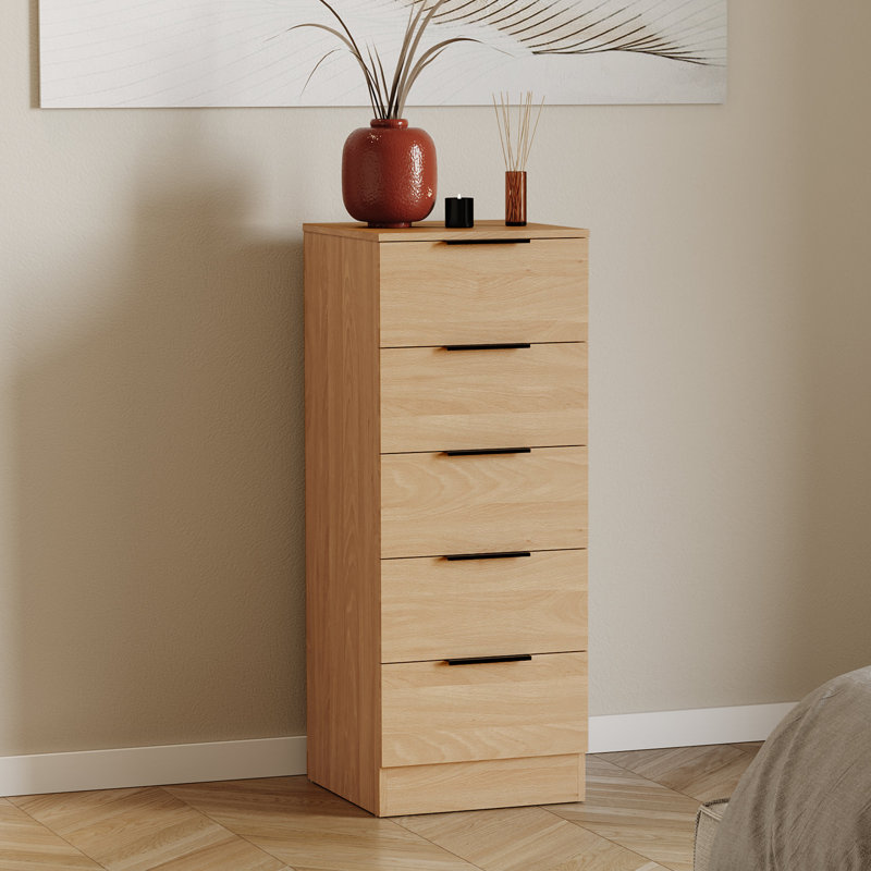 Tanishi 5 Drawer Narrow Chest Of Drawers Modern Storage Solution For Bedroom Nursery Home Office Living Room, Pine