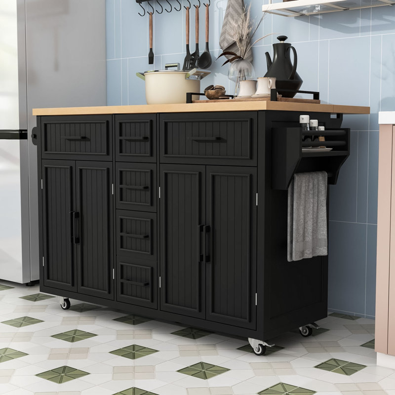 Wooden Kitchen Island with Storage Drawers, Shelves, Charging Station and Drop Leaf, Black
