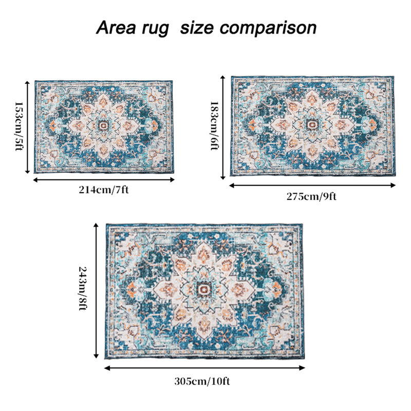 5X7 Washable Area Rug, Vintage Theme, Non-Slip For Kitchen Hallway, Blue And Beige Flowers Rug 5X7, Style, Bedroom Office, Flower Design