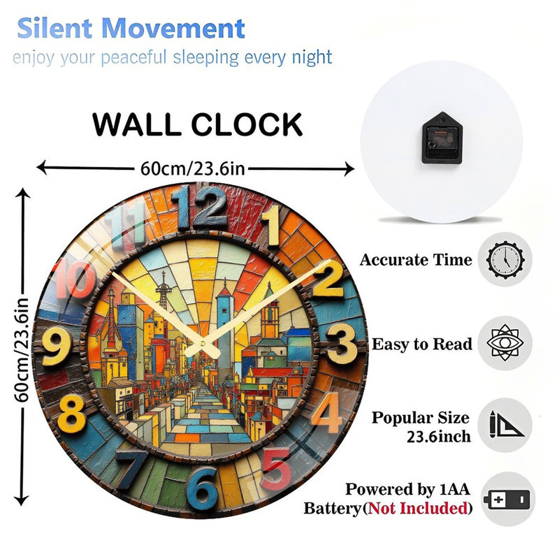 Horloge murale vitrail coloré City Design Art - horloge murale 24 po