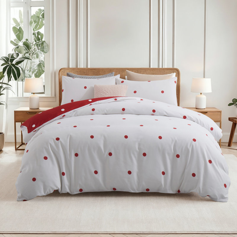 Dual Pattern Reversible Brushed Microfiber Printed Duvet Cover Set With Matching Pillow Covers, Red/White Polka Dots