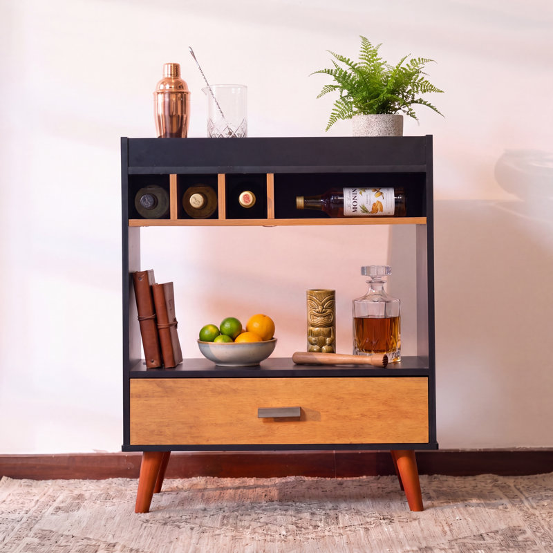 Armoire à café Boahaus Elara avec support à vin et tiroir, style Mid-Century, Noir
