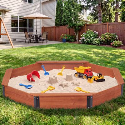 85"x78"x9" Large Wooden Sandbox for Kids with Cover, Liner and 4 Benches