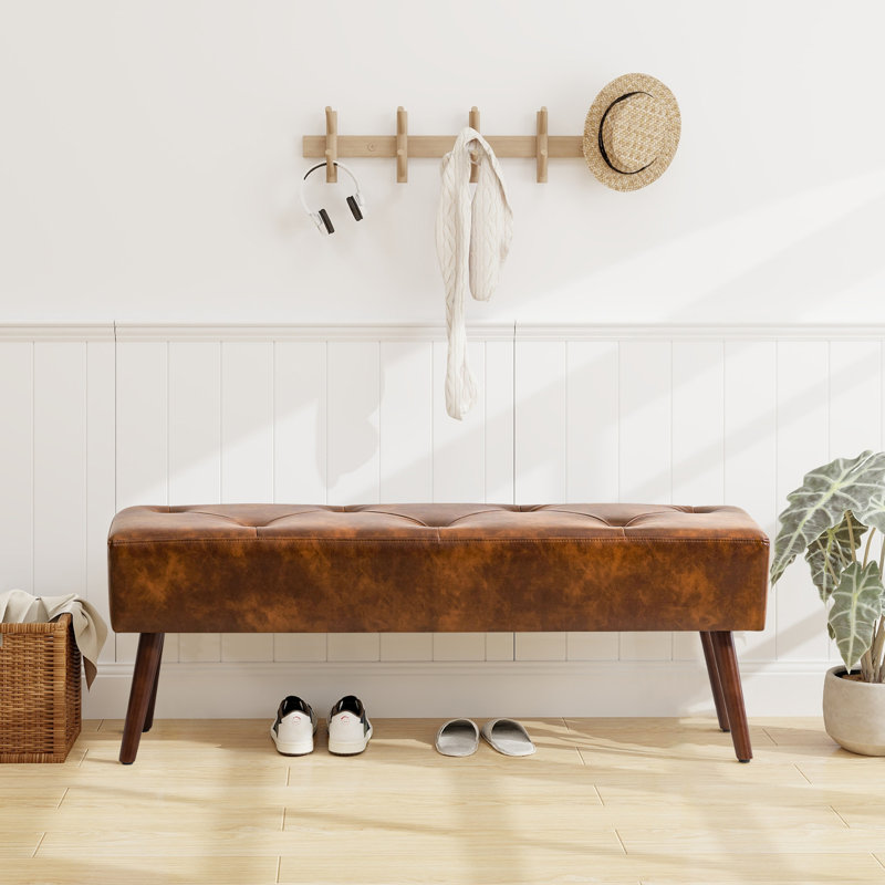 44" Wide Mid-Century Modern Tufted Faux Leather Bedroom Bench Upholstered Wood Entryway Bench, Dust Yellow