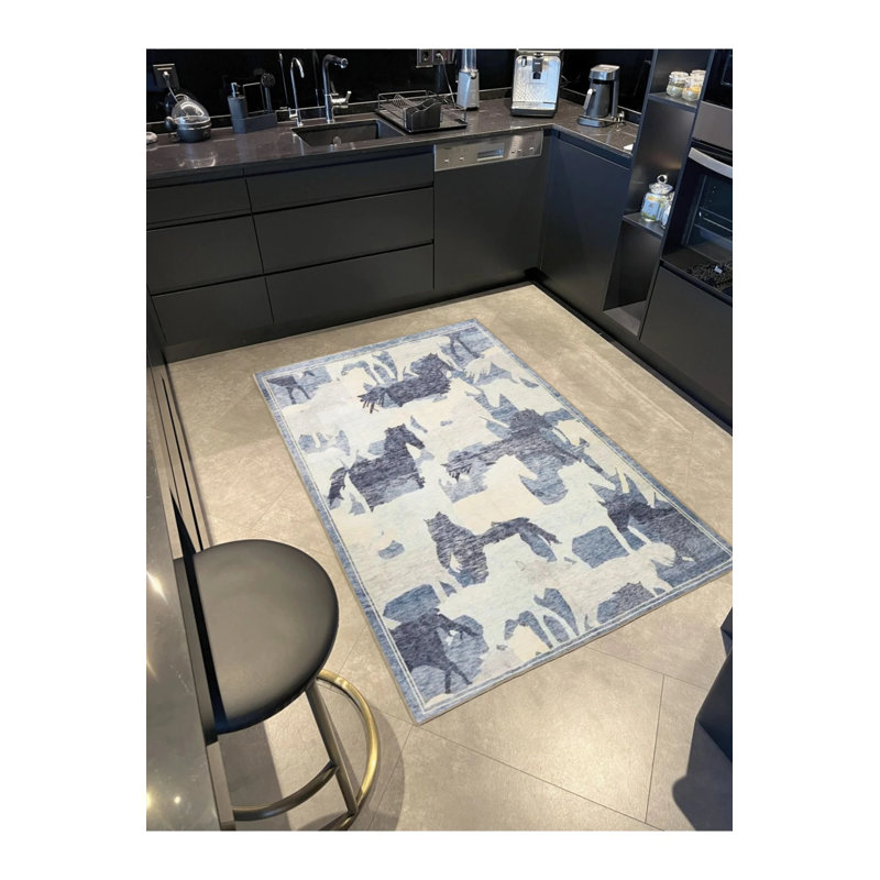 Blue Beige Themed Abstract Horse Patterned Modern Decorative Carpet, Round 5'