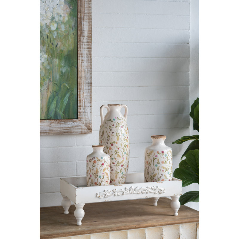 D5.3X10.5" Ceramic Cylinder Vase With Multi-Colored Floral Motifs