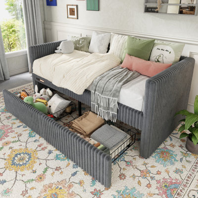 Upholstered Daybed with Guarded Sides, Platform Bed Frame with Slat Support and Built-In Night Light,Gray
