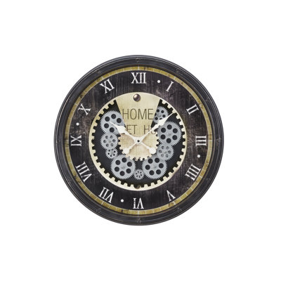 20" Round Wall Clock with Moving Gear Mechanism, Brown Tempered Glass and Metal Design