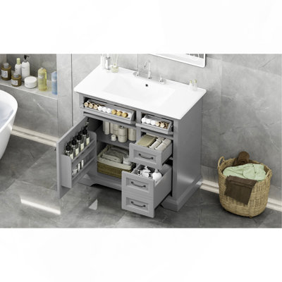 Meuble-lavabo 36 po avec lavabo, lavabo en céramique, 2 tiroirs basculants, charnières de porte à fermeture en douceur, gris clair