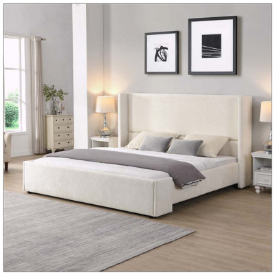 Elegant White Fabric Upholstered Bed with Tall Headboard