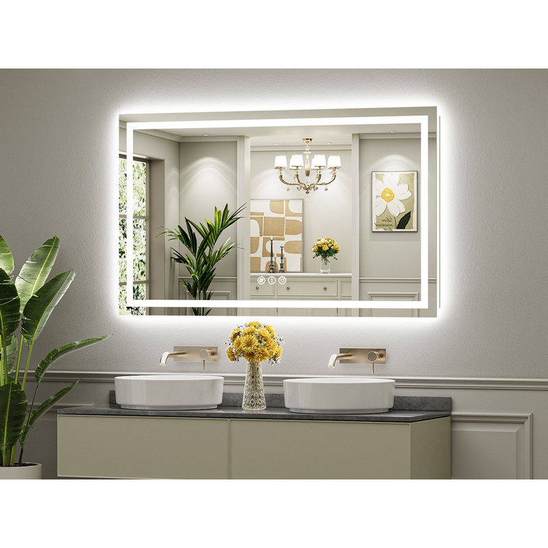 Miroir de salle de bain à DEL avec lumières, rétroéclairé et éclairé à l'avant, miroirs muraux éclairés pour meuble-lavabo, écran tactile à intensité variable, antibuée, fonction mémoire, verre trempé HD, incassable, homologué ETL