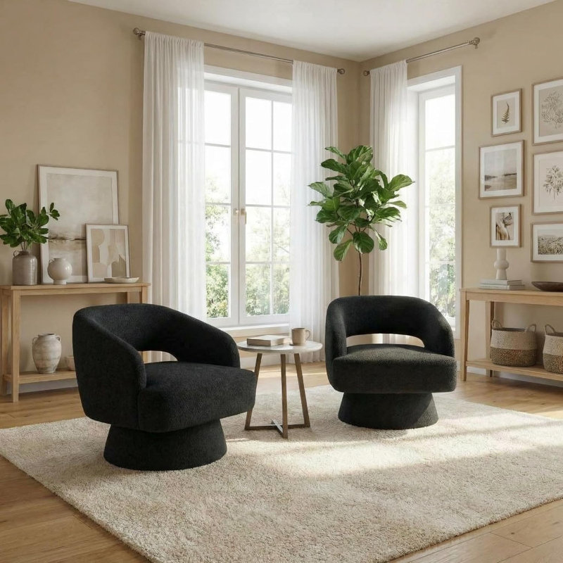 Modern 360° Swivel Barrel Accent Chair, Upholstered Armchair with Striped Backrest, Black Polyester