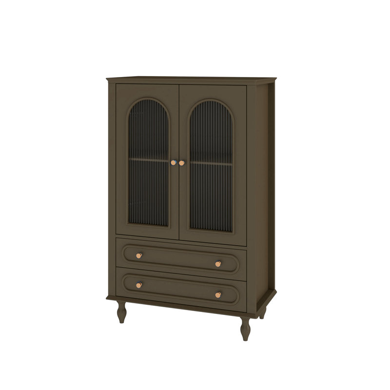 Bibliothèque cannelée en verre avec tiroirs, Olive Green