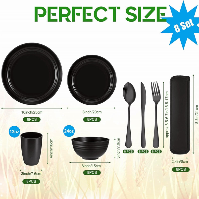 64 Pcs Wheat Straw Dinnerware Sets With Stainless Steel Flatware