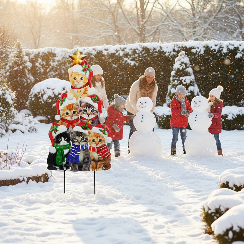 30" Cute Cat Christmas Yard Stakes - Santa Hat Stacking Tree-Shaped Outdoor Lawn Decor