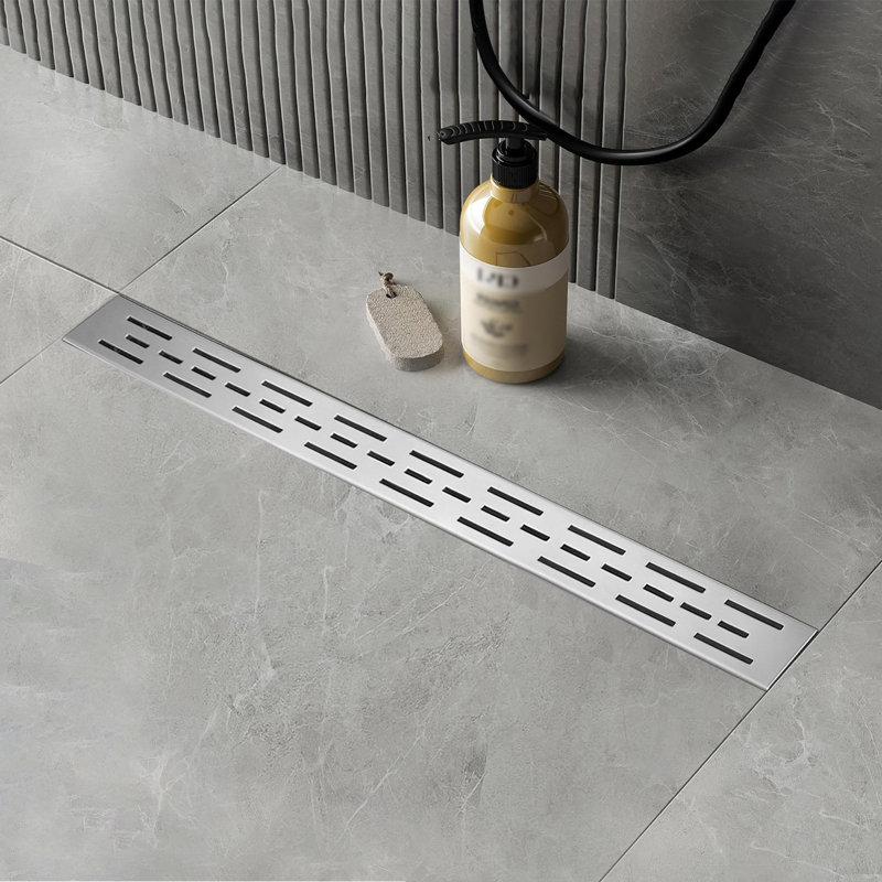 Brushed Nickel Stainless Steel Rectangle Shower Floor Drain,28-Inch Linear Drain With Leveling Feet,Hair Strainer,Removable Bar Pattern Grate