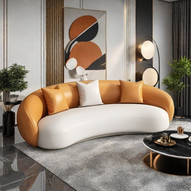 Canapé courbé simple et luxueux clair, Blanc / Orange, H 28,35 po x l 82,68 po x P 39,37 po