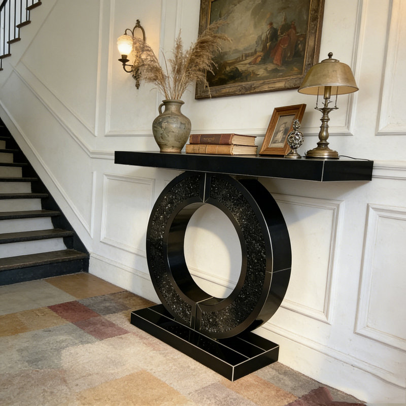Console en miroir avec incrustation de diamant concassé, longue entrée, Noir