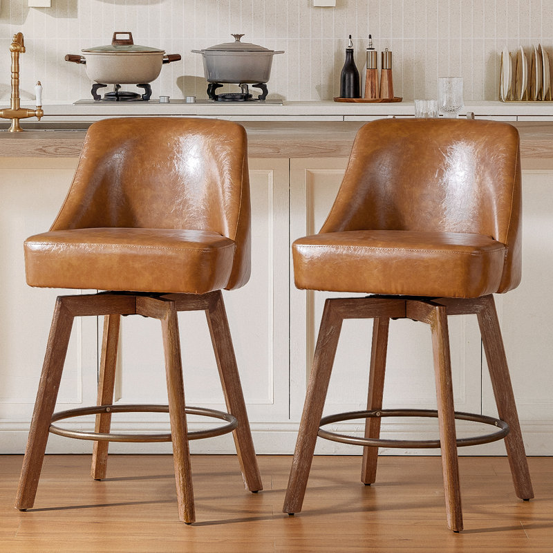 Tabourets de bar à hauteur de comptoir, tabouret de bar confortable en similicuir brun, ensemble de tabourets pivotants à hauteur de comptoir 2，360 °, pieds en bois massif, tabourets de bar avec dossier profilé