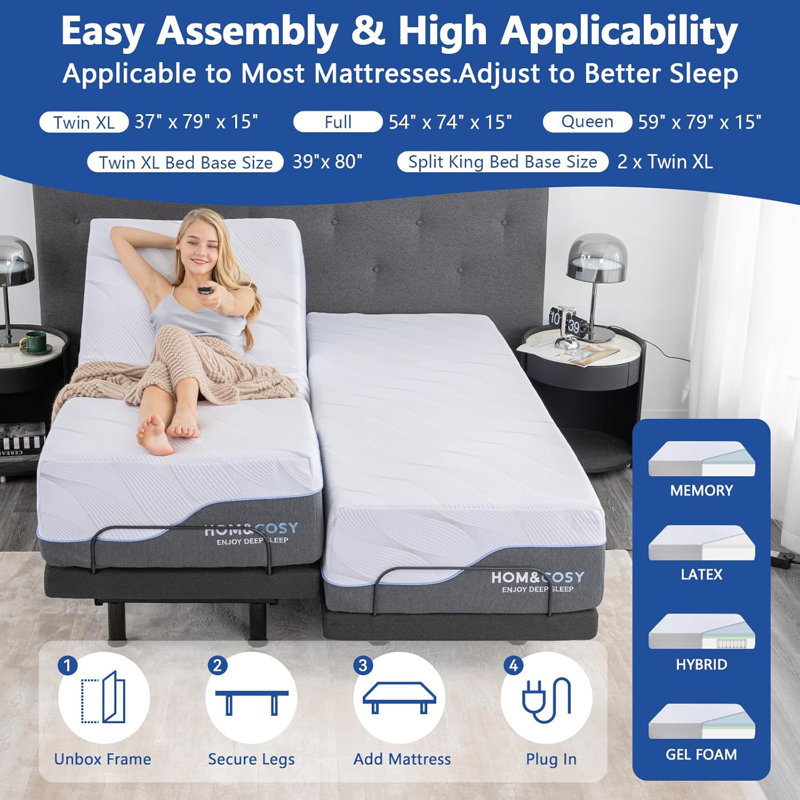 Adjustable Bed Bases With Mattress, 12 Inch Gel Memory Foam Medium-Firm Mattress In Box, Adjustable Bed with Back leg lift+child lock Wireless Remote Control, Sturdy Metal, Easy Assembly Smart Electric Bed Frame