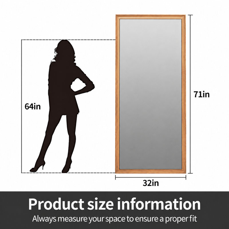 Miroir moderne pleine longueur de 70 po x 31 po avec cadre d'aspect bois ps, verre incassable, montage mural ou incliné