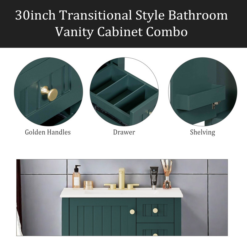 Meuble-lavabo de style transitionnel 30 po avec lavabo en céramique, Vert