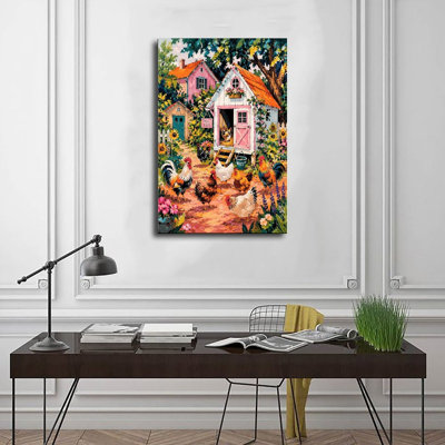 Impression sur toile, art de jardin rustique avec poules et coqs