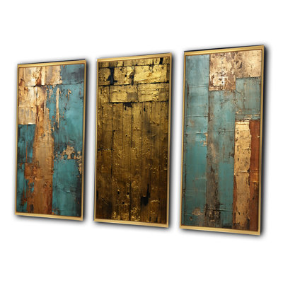 " Kintsugi Retro Glam Vintage Gold on Turquoise IV " 3 Piece Art Set