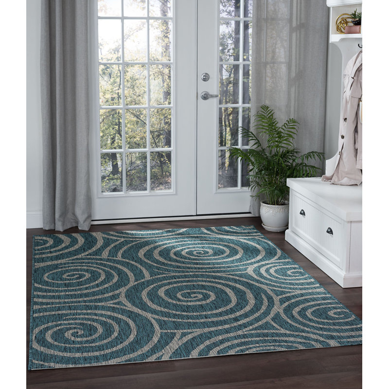 Tapis intérieur / extérieur turquoise / gris clair Sirena, Rectangle 7 pi 10 po x 10 pi 3 po