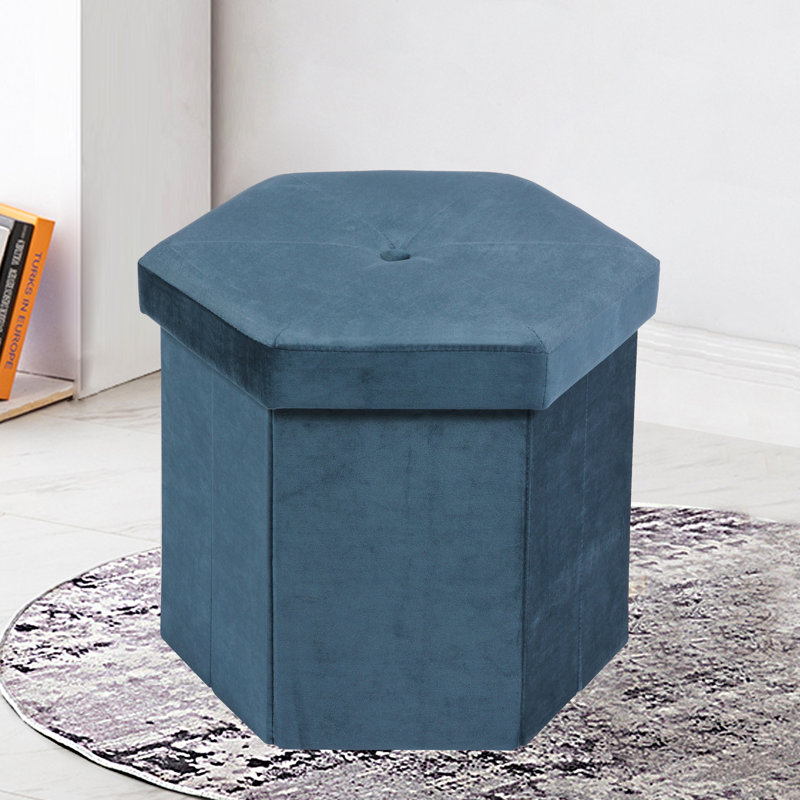 Damis 34cm Wide Velvet Hexagon Plain Foldable Ottoman Ottoman with Storage, Blue