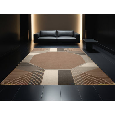 Machine Washable Manhasset Classic Geometric Shapes Rug in Brown – LightBrown Binding