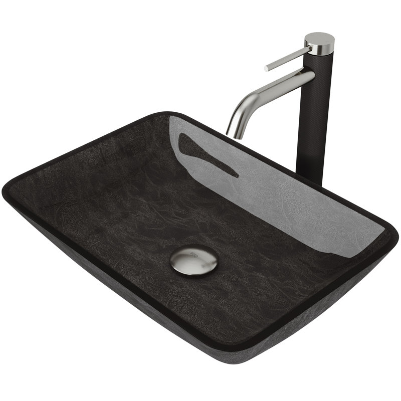Lavabo de salle de bain rectangulaire en verre avec robinet H 10 po L 18 po x l 13 po x H 4 po Donatello, Gris onyx