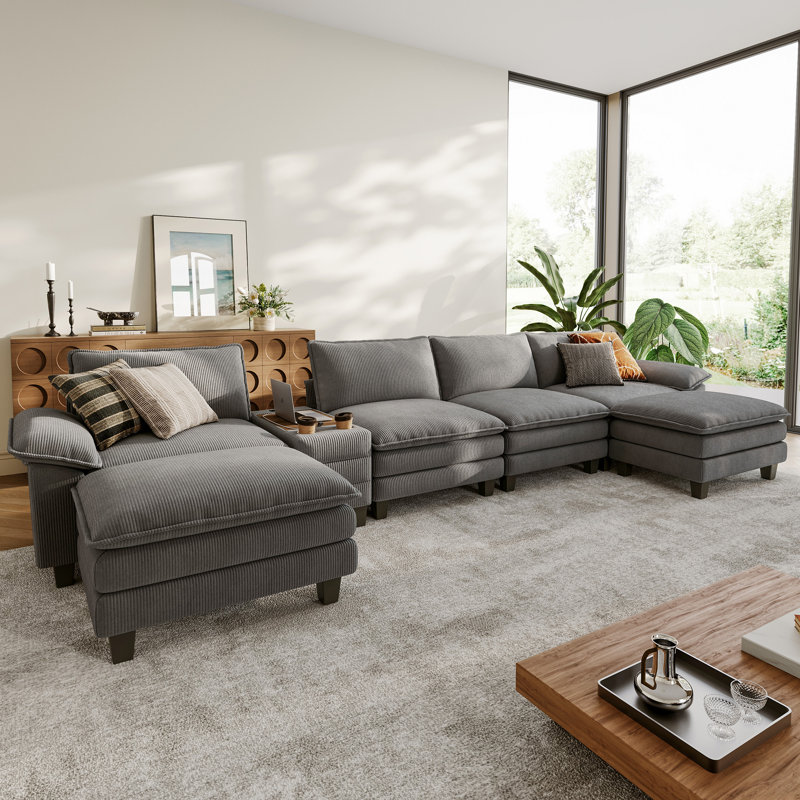 Colbey 172" Oversized Corduroy Cloud U-Shaped Sectional Sofa With Storage End Table, Gray Corduroy