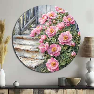 Pivoines roses par The Farmhouse Steps II - impression de décoration murale traditionnelle rose en métal