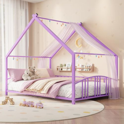 Cadre de lit au sol Montessori pour lit double, en forme de maison et avec barrières de sécurité, violet