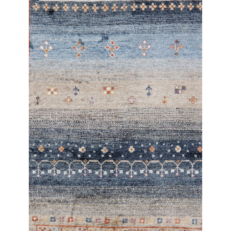 Tapis orange / bleu / beige noué à la main Tribal, Rectangle 5 pi 7 po x 7 pi 9 po