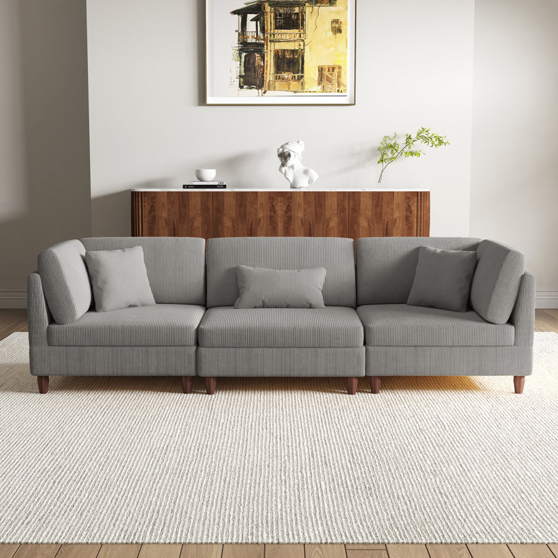 3 - Piece Upholstered Corduroy Modular Sectional with Pillow Back and Solid Wood Legs, Light Grey