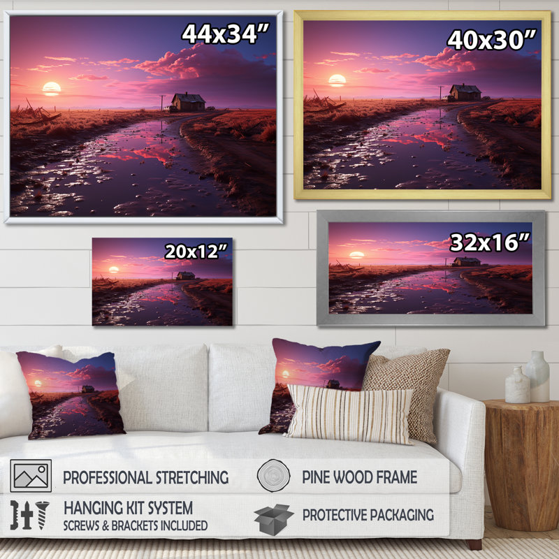 «Sunset Farm Dreams», reproduction sur toile, Cadre doré simple, H 24 po x l 32 po x P 1 po