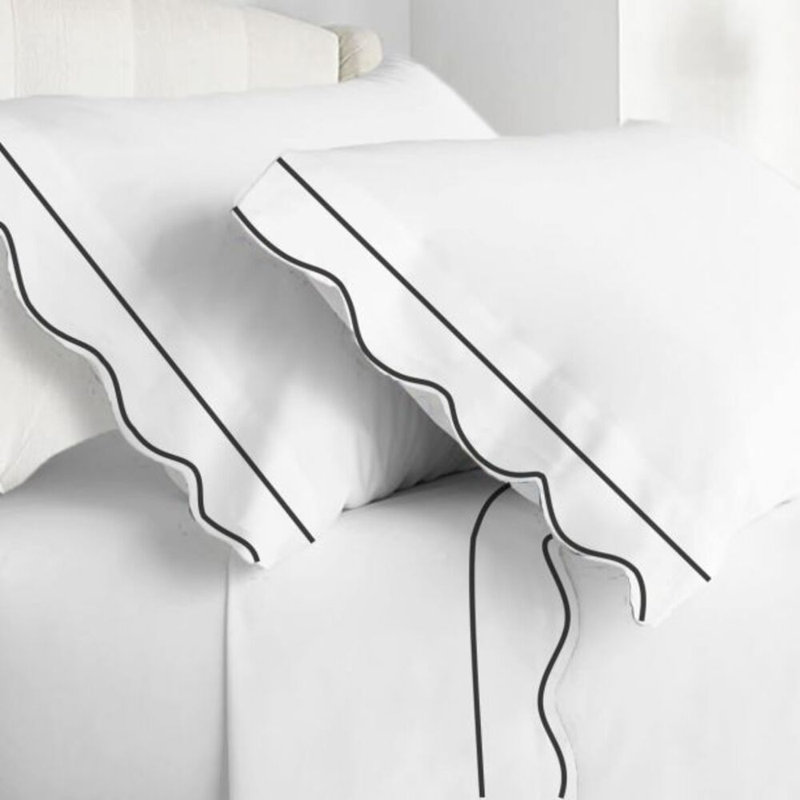 400TC Cotton Scallop Embroidery & Border Cotton 4 Piece Sheet Set Fitted Sheet Fits Upto 16" Deep Pocket, Black Border